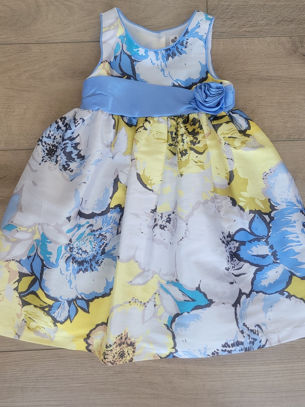 Cherokee Girls Floral Blue Yellow Satin Sleeveless Dress 3T Toddler Party